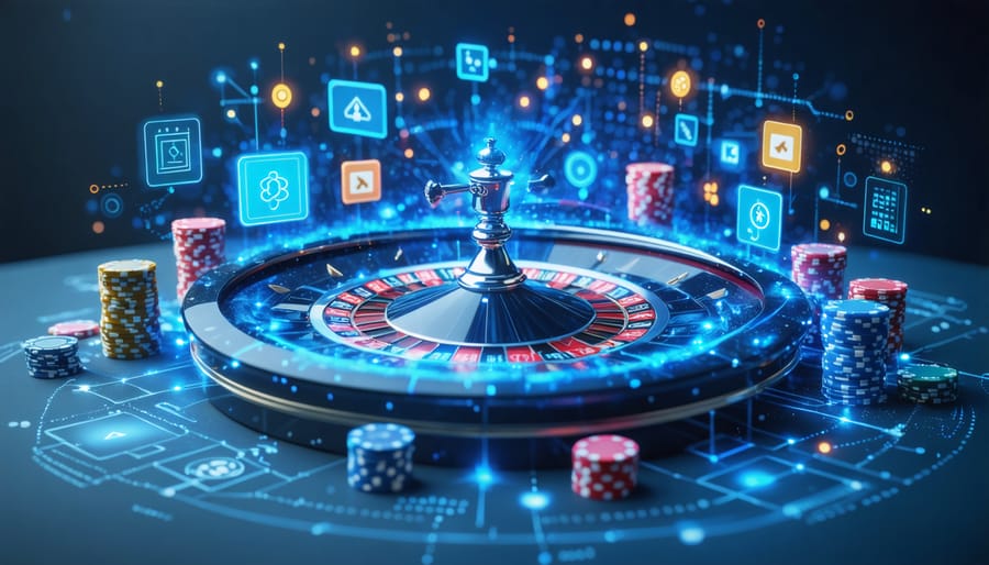 An innovative depiction of the digital marketing landscape in online gambling, featuring data streams, blockchain symbols, compliance markers, a virtual roulette wheel, and poker chips.