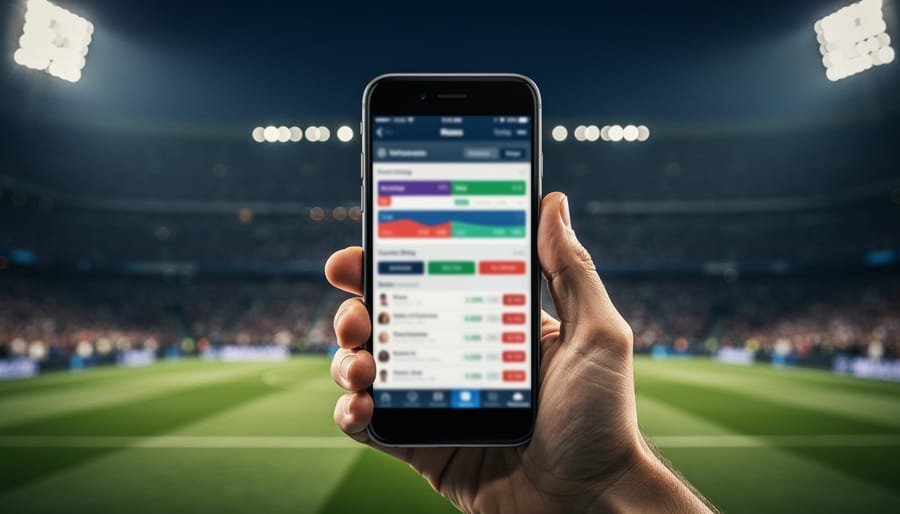 Hand holding a smartphone with a sports betting app open in a stadium; phone in sharp focus with blurred crowd and floodlights in the background.
