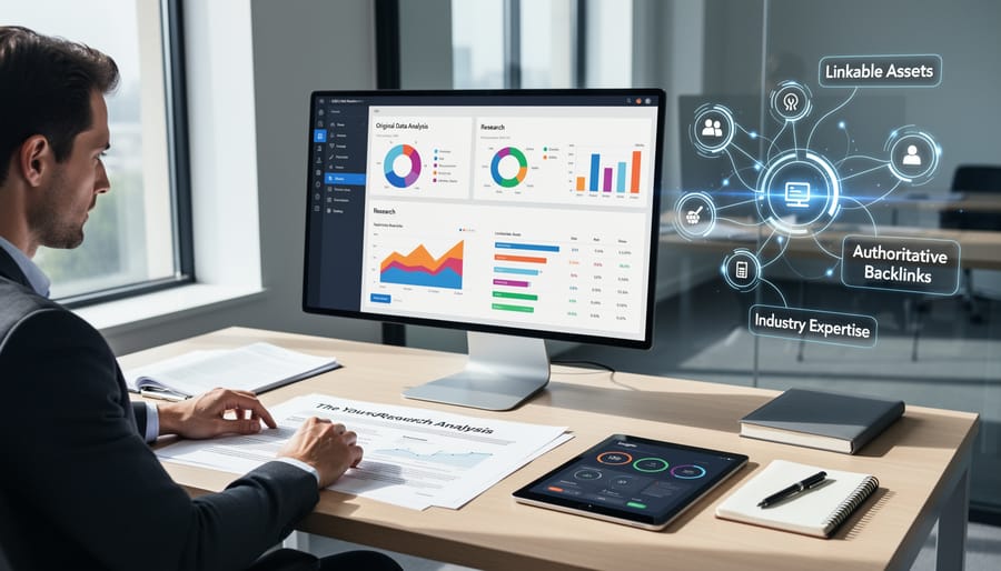 Data analyst reviewing sports statistics and betting analytics on multiple monitors