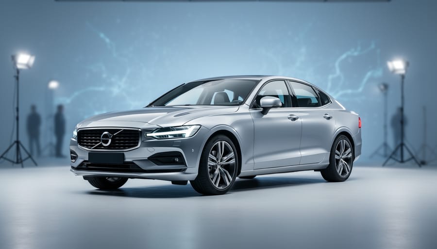 Low-angle three-quarter view of a silver sedan on a seamless studio background with soft lighting, crisp reflections, and a natural ground shadow, with blurred studio gear and subtle abstract light patterns suggesting AI processing.