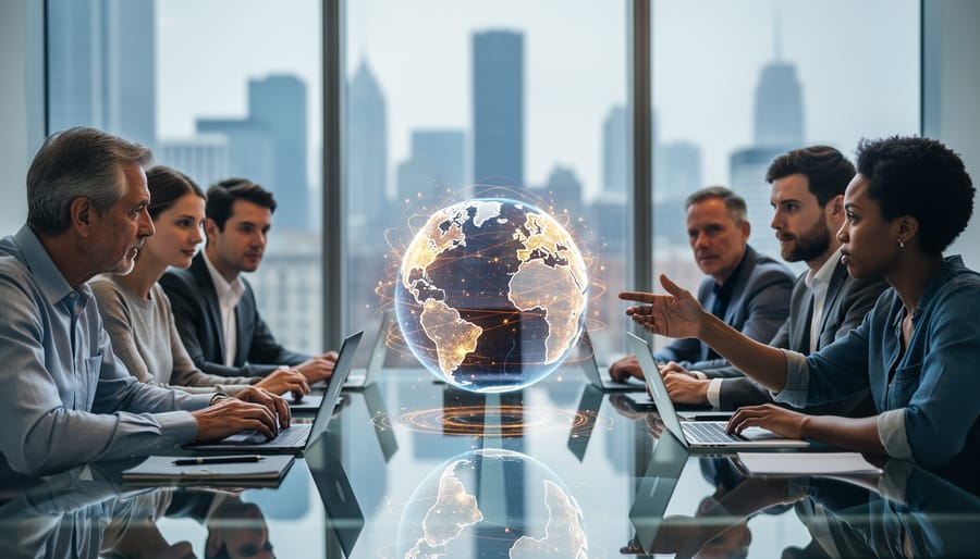 Diverse business team around a conference table examining an illuminated globe with interconnected nodes, symbolizing global customer data architecture, with a blurred glass-walled office and city skyline in the background.