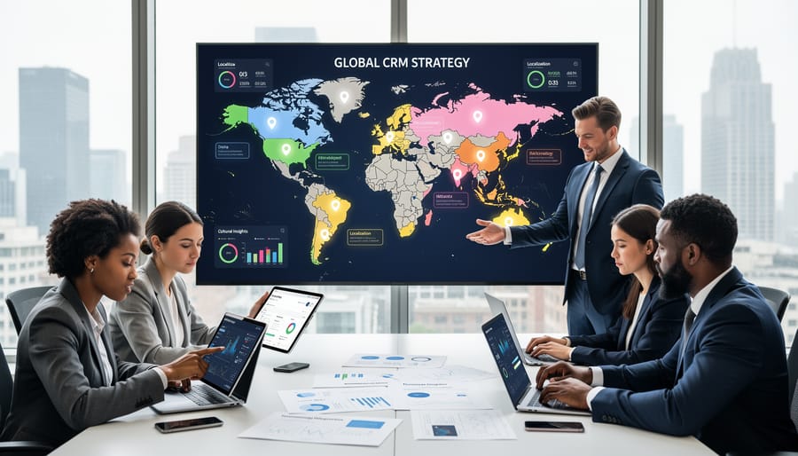 Diverse business team collaborating on global marketing strategy with laptop