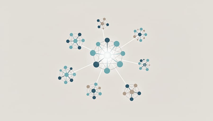 Illuminated network of connected glass spheres representing authority links