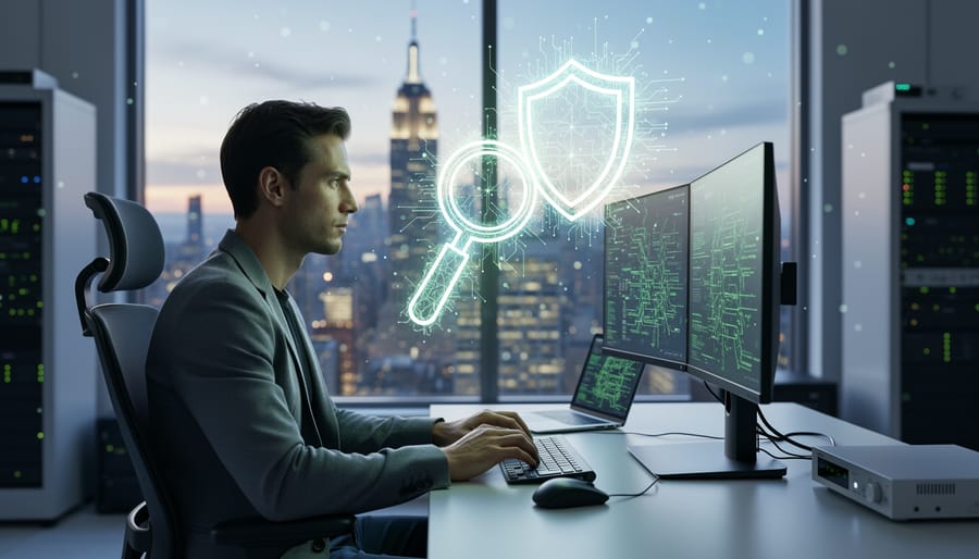 “SEO professional at a desk with glowing data-stream visuals and a light shield motif representing modern ranking signals.”
