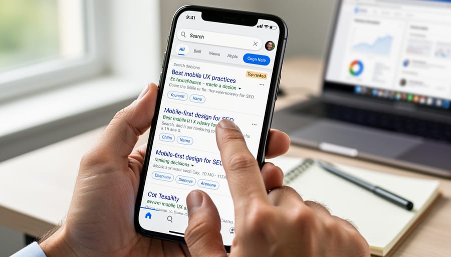 Hand holding a smartphone showing a webpage interface
