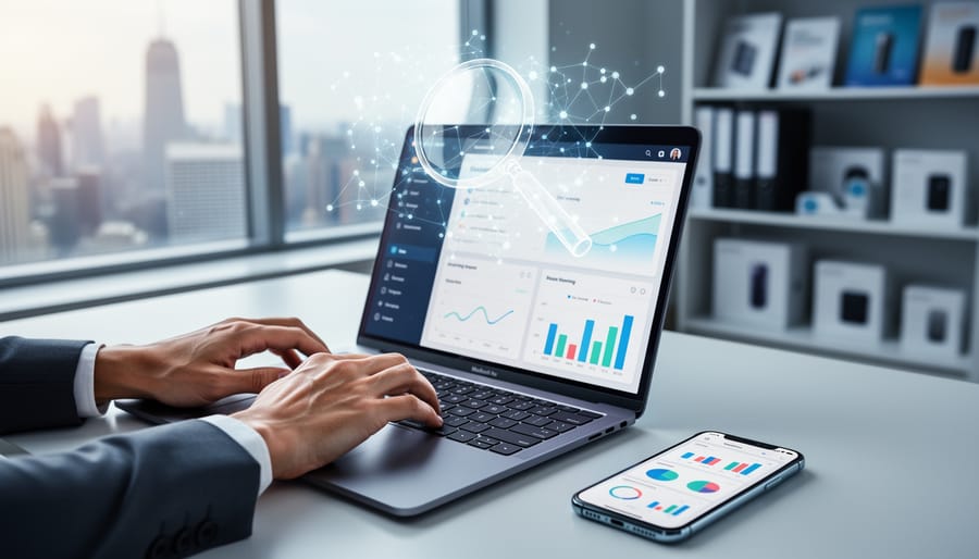 Marketing professional working at a desk with laptop and analytics-style visuals representing SEO strategy for 2026.