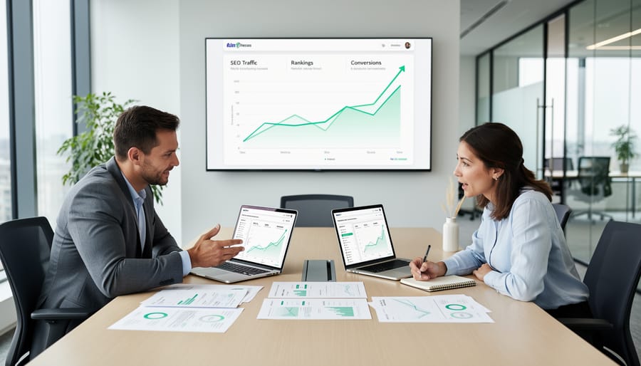 Business owner and SEO specialist reviewing marketing strategy together at a laptop