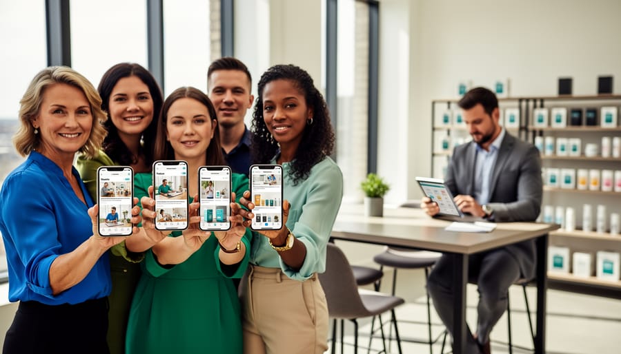 Diverse customers using smartphones to share product photos while a marketer curates content on a tablet in a bright office setting.