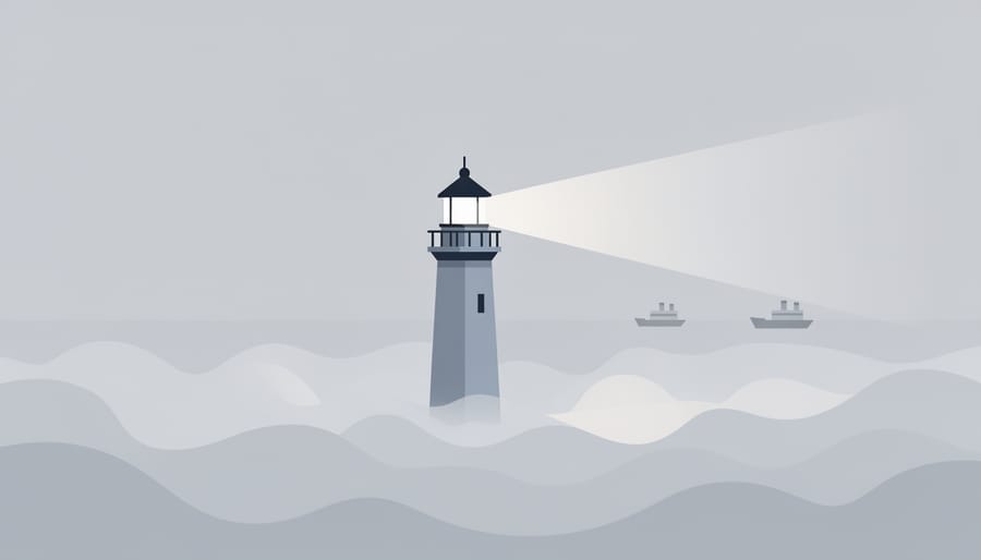 Lighthouse beam shining through mist toward a distant coastline representing visibility and guidance
