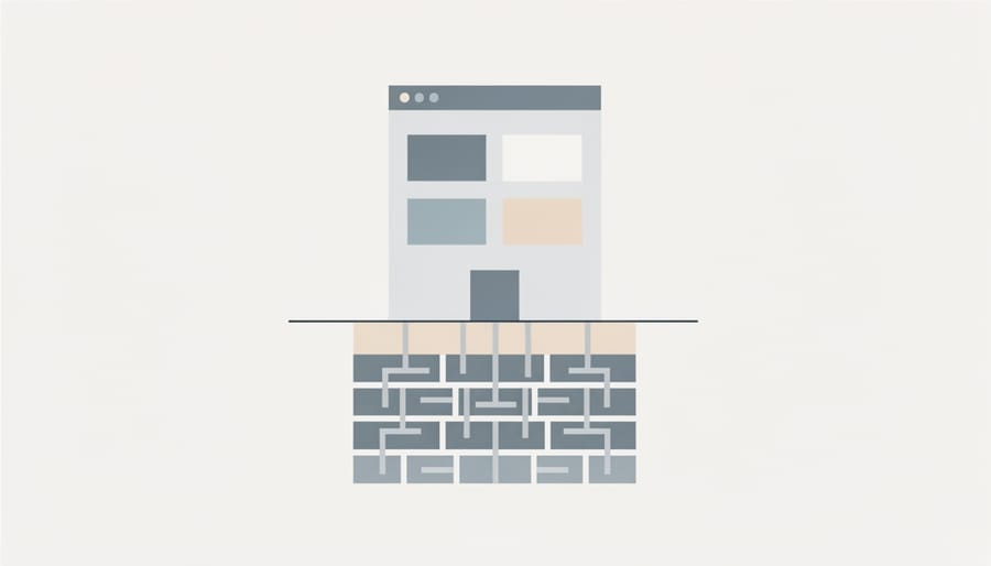 Low-angle view of concrete foundation blocks with upward glowing light symbolizing technical SEO