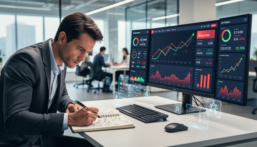 Marketing professional in a modern office reviewing performance data on a laptop with abstract analytics glow