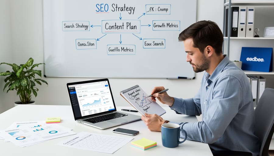 Marketing professional using a smartphone and laptop in a modern office to support search-driven strategy