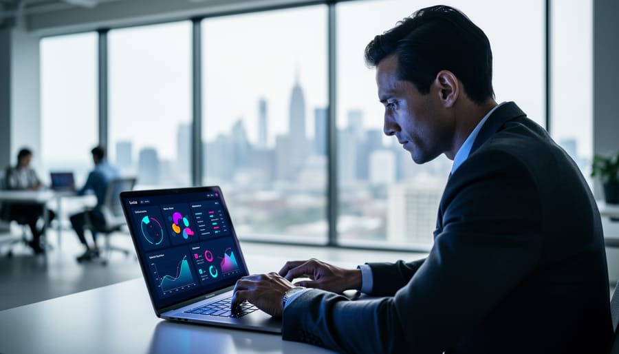“Marketer using a laptop in a modern office with an abstract dashboard glow representing AI-powered paid search optimization.”