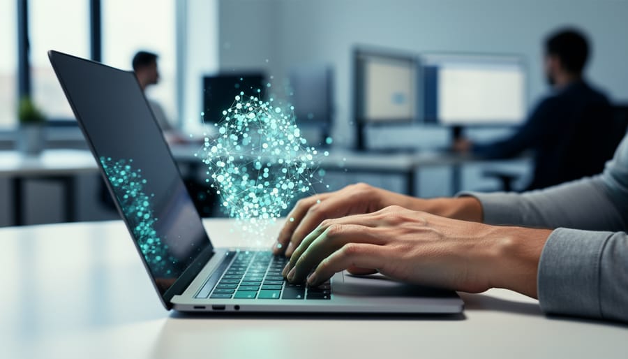 Hands typing on a laptop in a modern workspace with subtle light patterns suggesting connected SEO strategy and growth.