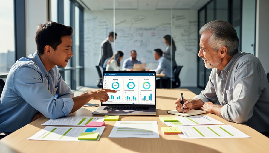 Two people collaborating beside a monitor with blurred website thumbnails and a clipboard