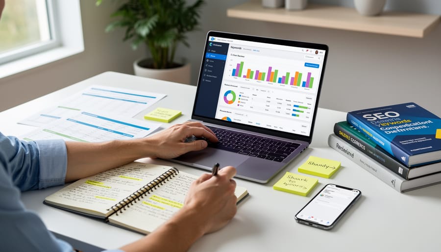 Laptop and magnifying glass over printed SEO audit notes on a desk