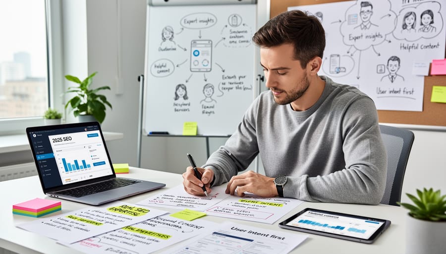 Person reviewing SEO content notes and a laptop in a modern office