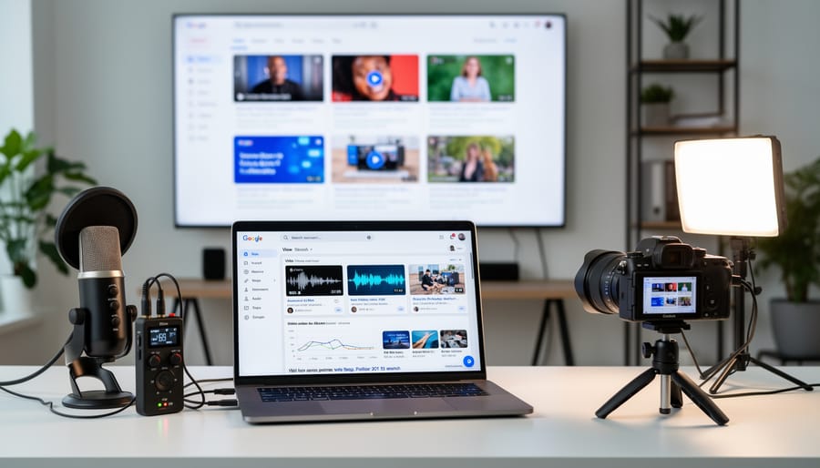 Smartphone and recording equipment arranged on a desk for multimodal content creation
