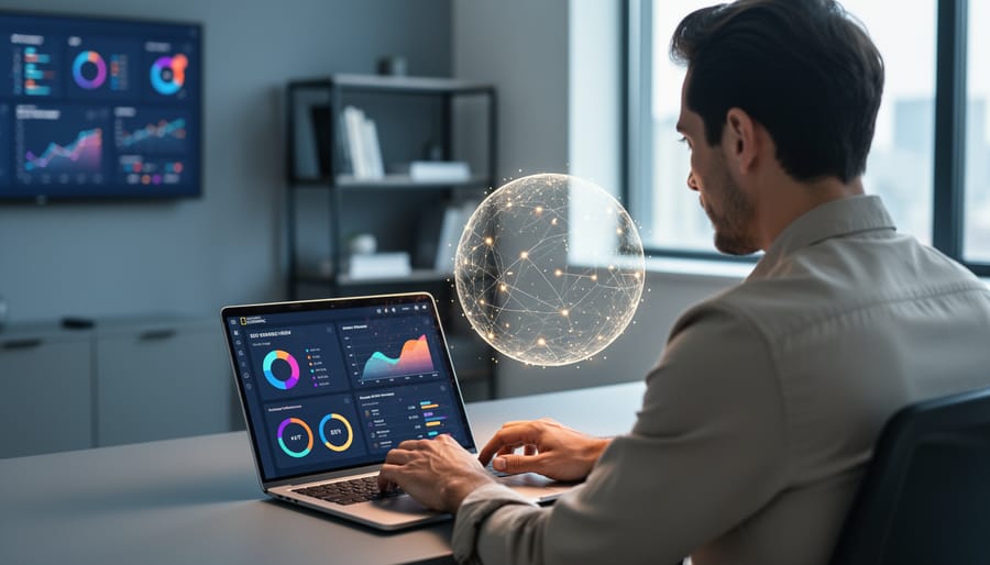 Marketing professional reviewing an SEO strategy on a laptop with a glowing network of connected nodes above the desk, symbolizing search intent and user experience.