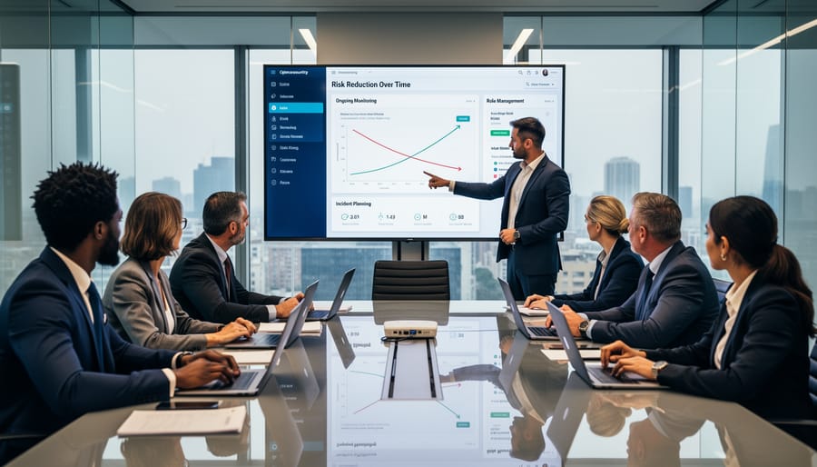 Photo of a diverse marketing and IT team gathered around a table discussing security practices with a tablet showing an unmarked dark screen.