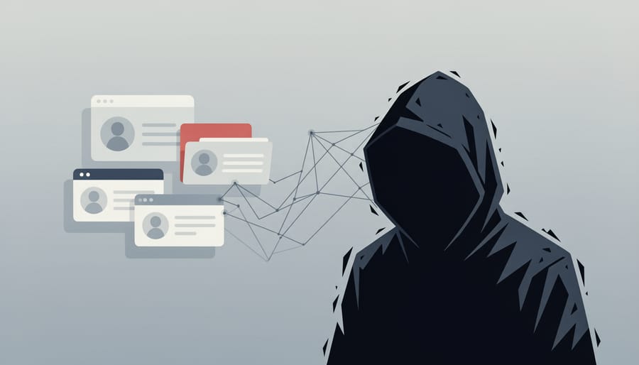 Cinematic low-angle photo of a shadowy silhouette suggesting social media security threats with abstract, defocused light shapes in the background.