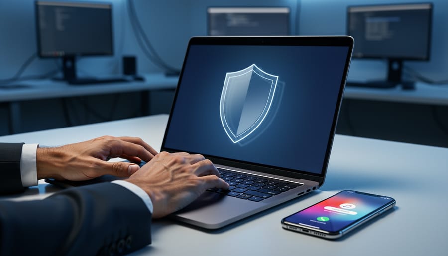 “Business professional with a laptop and smartphone displaying an abstract login alert glow and a subtle security shield reflection.”