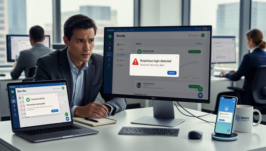 Over-the-shoulder photo of a business professional’s hand over a laptop while a smartphone shows a notification glow without readable text.